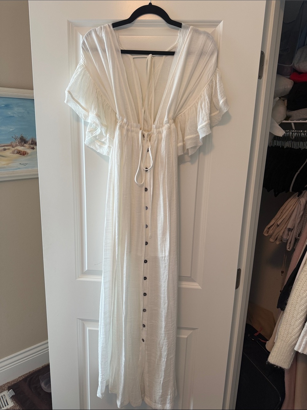Bohemian White Maxi Dress with Button Front and Drawstring Waist